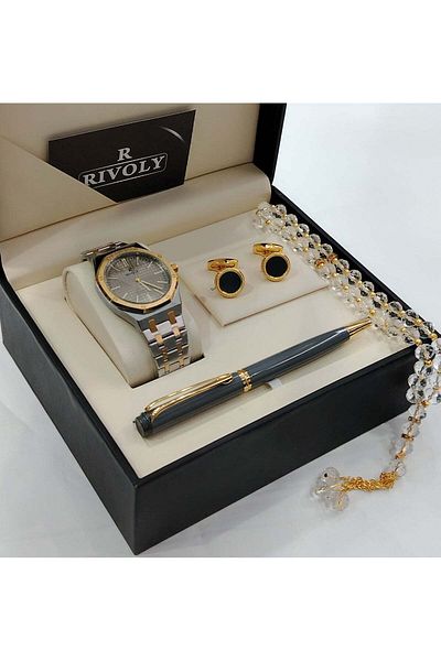 Rivoly Men's Stainless Steel Set with Watch, Tasbih, Pen, and Cufflinks
