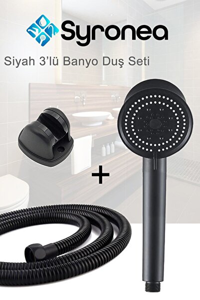 VSA Mat Siyah 3'lü Banyo Duş Seti 5 Fonksiyonlu Örgülü Hortumlu Tutacaklı Set