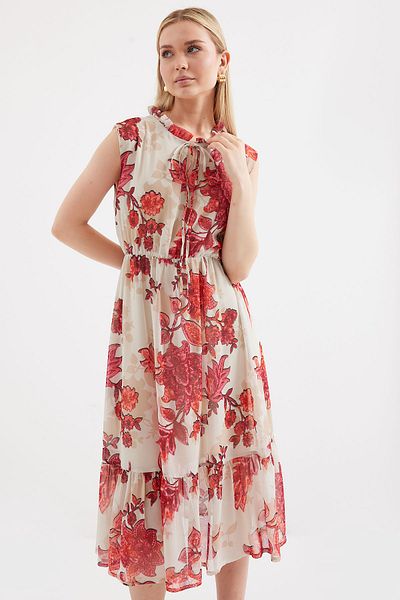 Merterium Women's Patterned Zero Sleeve Chiffon Dress Pomegranate 1129