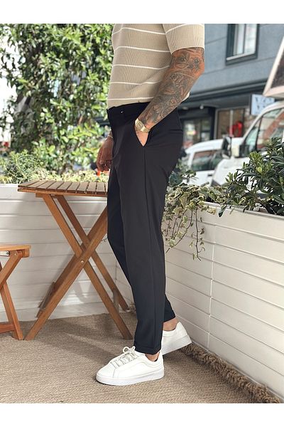 manch collection Basic Hidden Button Double Leg Trousers Black
