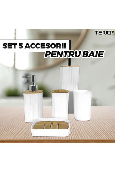 Teno Set of 5 Teno® Bathroom Accessories, soap dispenser, toothbrush holder, toilet brush, white