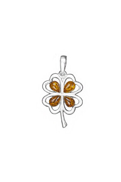 OEN Silver pendant with cognac amber, clover pattern, length 2.3 cm