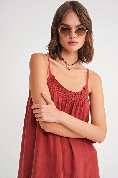 Mixray 4740 Kadın Askılı Müslin Midi Elbise Kiremit