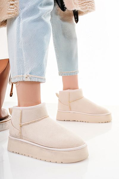 Lölük Moda Mini Sand Beige Suede Fur Lined Thick Sole Women's Boots