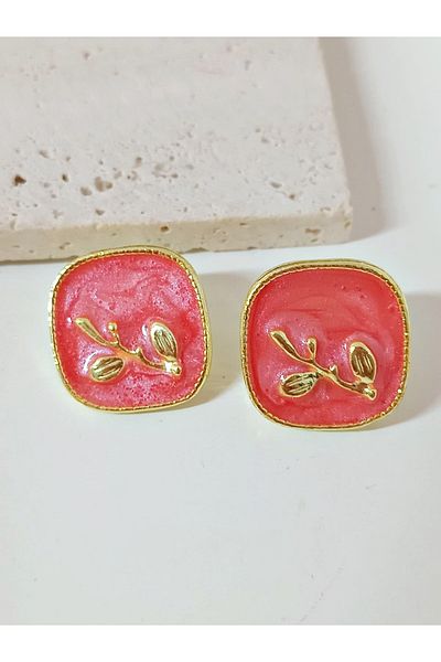 mos&more Red Enamel Gold Square Earrings