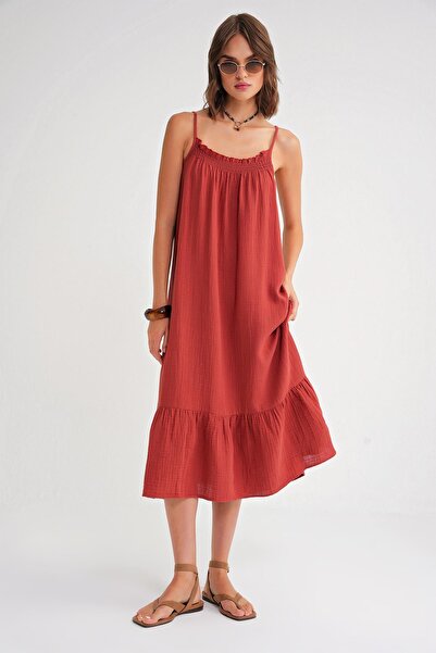 Mixray 4740 Kadın Askılı Müslin Midi Elbise Kiremit