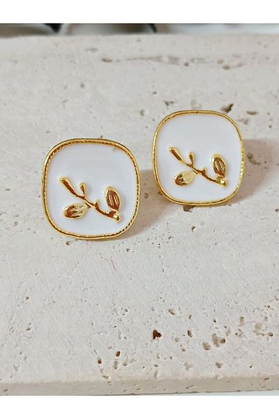 mos&more White Enamel Gold Square Earrings