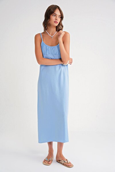 Mixray 4742 Γυναικείο φόρεμα με κορδόνια με λεπτομέρεια με κορδόνια με λεπτομέρεια μίντι φόρεμα μπλε μωρό