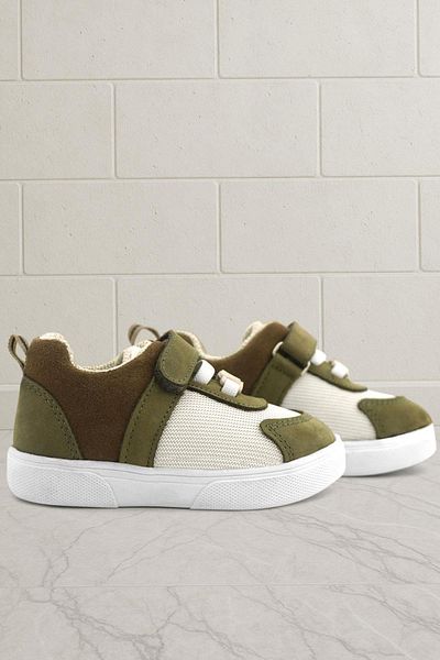 Rakerplus Genuine Leather Khaki Green Cream Color Velcro Baby Shoes