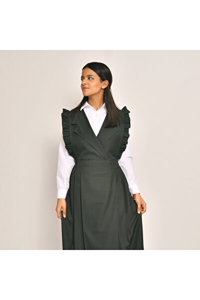 HAWRAA مريول أخضر زيتي بياقة بليزر مع كشكش على الأكتاف و كسرات جانبية من الأسفل