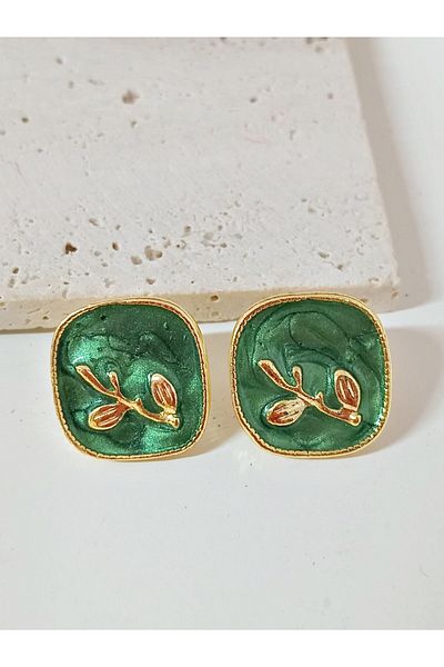 mos&more Nefti Green Enamel Gold Square Earrings