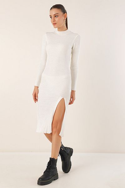 Merterium Women's Slit Knitwear Dress White 1128
