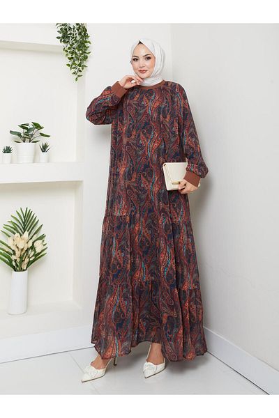 Hb Harma Time Butik Women's Lined Brown Chiffon Shawl Pattern Dress