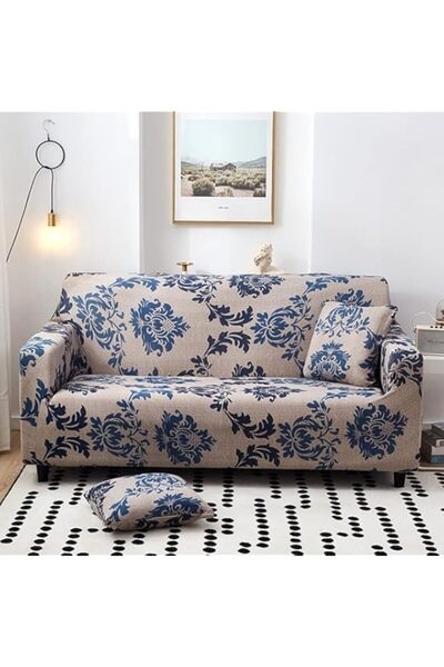 Generic غطاء أريكة Joyzzz قابل للتمدد، غطاء أريكة مزخرف بنمط أزرق لشخصين، غطاء أريكة ناعم قابل للتمدد