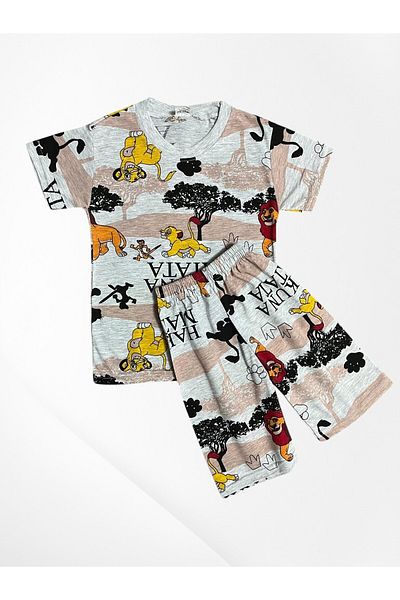 Pajama Shop Boy's Cotton Gray Safari Patterned Short Sleeve Shorts Summer Pajama Set