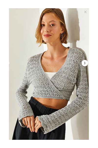 Namaste Vintage Gray Color Openwork Wrap Bolero Crop Blouse