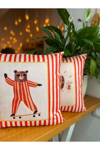 RahanDesign Children's Room Red Striped Decorative Set of 2 Throw Pillow Cases - Suede Throw Pillow Case Set - 43X43Cm