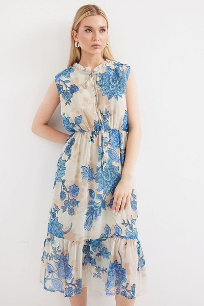 Merterium Women's Patterned Zero Sleeve Chiffon Dress Blue 1129