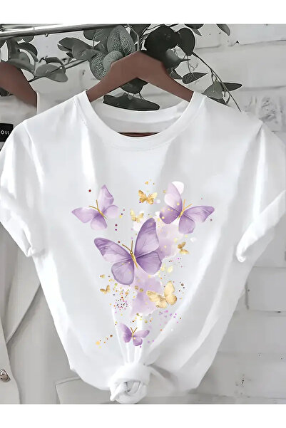 İSMTEXS تي شيرت من القطن الممشط مطبوع عليه تصميم فراشات بأكمام قصيرة للجنسين ...