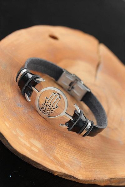 BESKAR Silver Color Fatma Mother Hand Black Color Leather Men's Bracelet with Metal Accessories