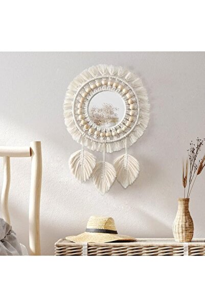 Generic مرآة حائط معلقة من دريمسلاند - مرآة دائرية مزخرفة بشراشيب مكرمية بوهو...