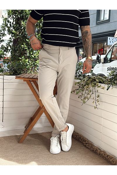 manch collection Basic Hidden Button Double Leg Trousers Cream