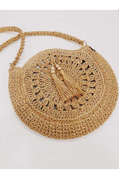 zümal tekstil tasarım Design Hand Knitted Paper Rope Oval Baguette Tasseled Shoulder Bag (Color Straw)