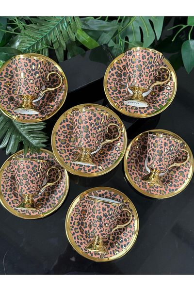 GONCAEV Coffee Cup Set of 6 Brown Leopard Pattern Cup Set