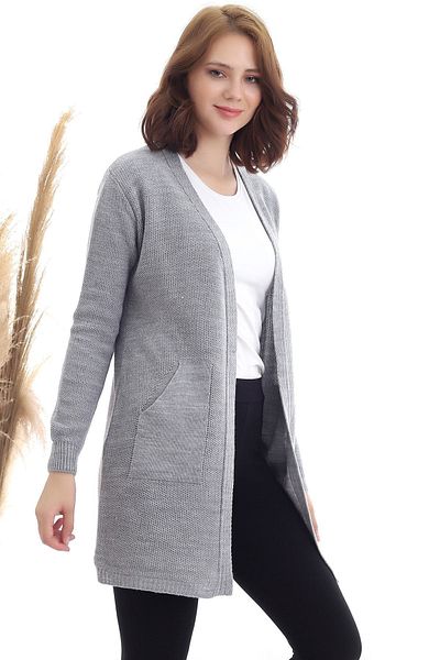 Dreamlike Women's Gray Kangaroo Pocket Knitwear Cardigan