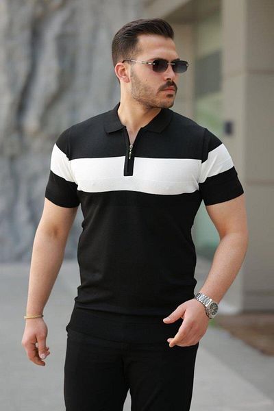 Aymood Men's Zipper Collar Stripe Color Pattern Short Sleeve T-Shirt