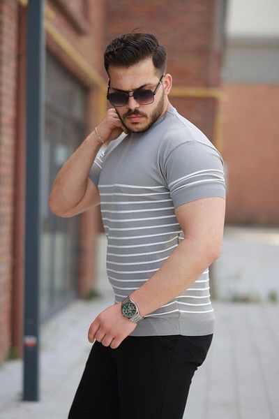 Aymood Tricou cu mânecă scurtă pentru bărbați, cu model de linie