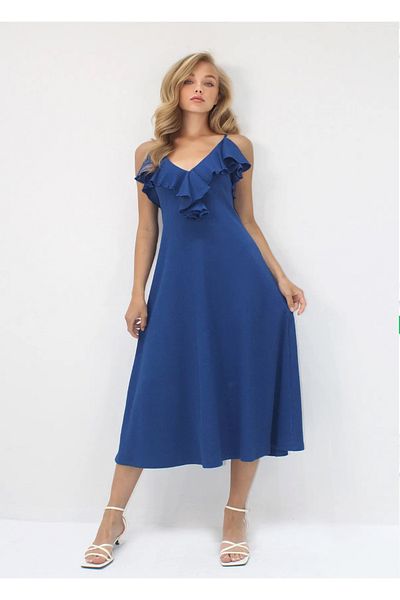 Nura Francy Women's Blue Twill Rope Strap Midi Length Dress