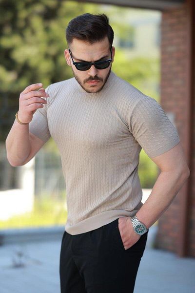Aymood Men's Crew Neck Knit Patterned Short Knitted Knitwear Short Sleeve T-Shirt