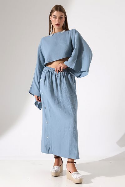 Dreamlike 100% Cotton Muslin Bohemian Suit – Boat Neck Crop Top & Buttoned Skirt with Slits