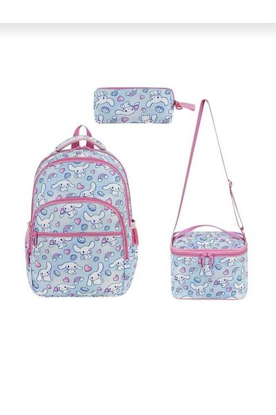 JaspEAdo Girl's 3-Piece Primary School Backpack with Character Patterned Foil Lunchbox and Pen Holder with Back Support