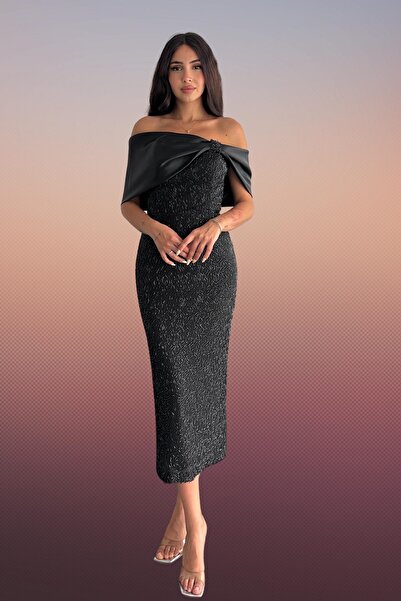 Moda Amore Payet Işlemeli Saten Yaka Detaylı Kadın Abiye Elbise 410