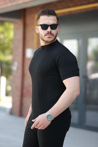 Aymood Men's Crew Neck Knit Patterned Short Knitted Knitwear Short Sleeve T-Shirt