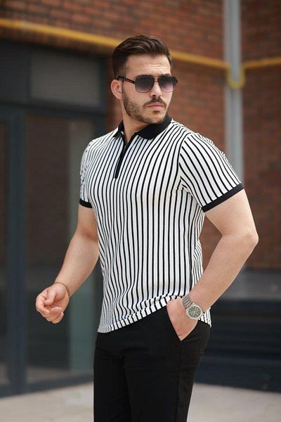 Aymood Men's Striped Zipper Collar Short Sleeve T-Shirt