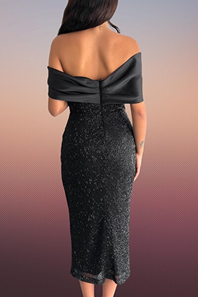 Moda Amore Payet Işlemeli Saten Yaka Detaylı Kadın Abiye Elbise 410