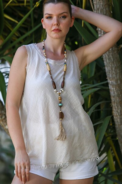 Chiccy Bohem Tahta Boncuk Ve Deniz Kabuğu Detaylı Tasarım Kolye