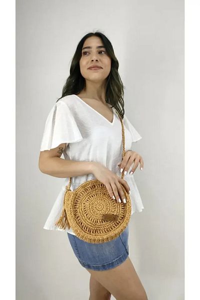 zümal tekstil tasarım Modern Hand Knitted Paper Rope Oval Baguette Tasseled Shoulder Bag (Color Straw)