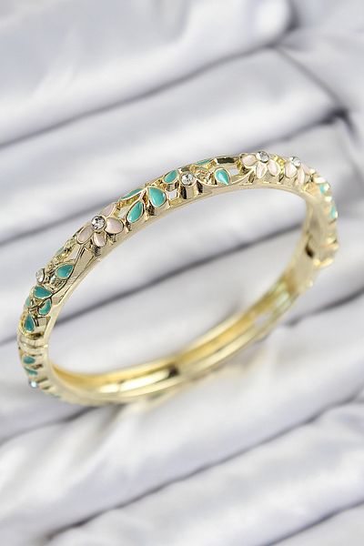 Kanonik Education Mineli Brass Zircon Stone Turquoise Flower Motif Gold Women