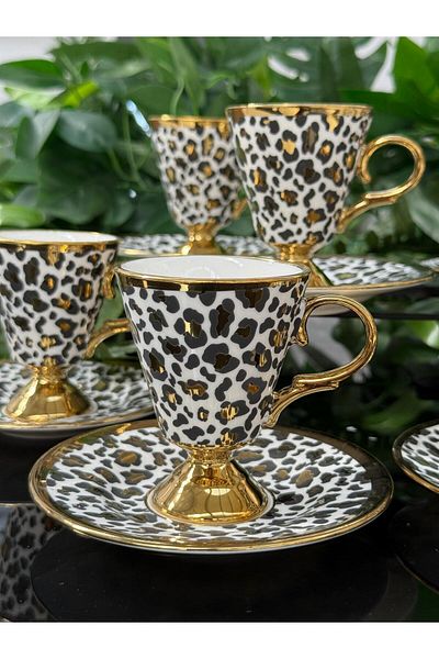 GONCAEV Coffee Cup Set for 6 People Leopard Pattern Cup Set