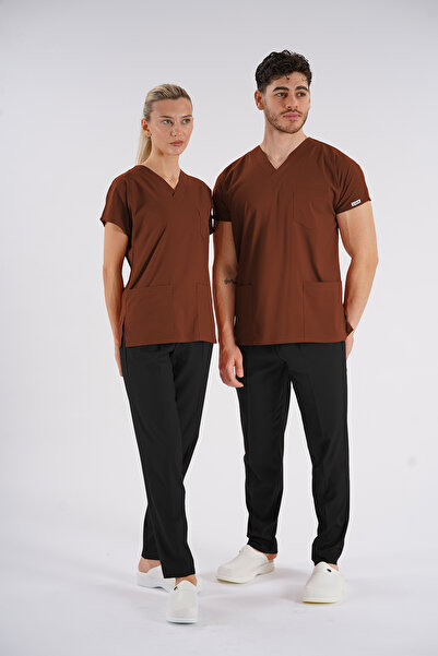 Lion Üniforma موديل Dr.Greys باللون البني من الليكرا الناعمة للممرضات والأطباء، قميص علوي بأكمام خفاش للجنسين