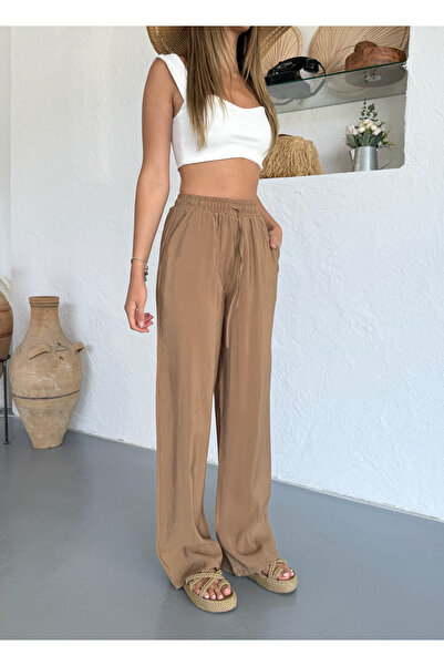 COMBİNE MİCHAİL Γυναικείο παντελόνι με φαρδύ πόδι και ελαστική μέση σε καφέ χρώμα