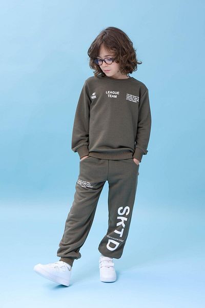 Perendi Boy's Crew Neck Printed Seasonal Top and Bottom Set - Khaki