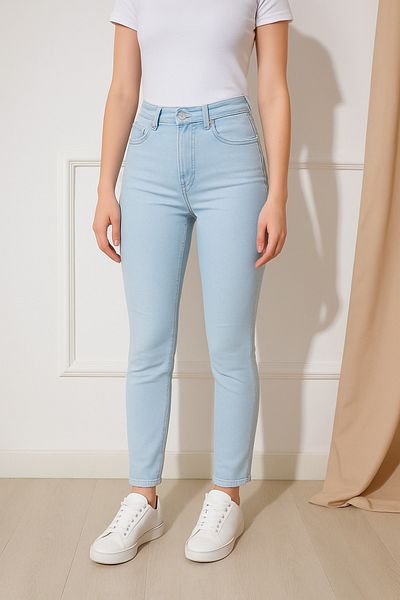 DELDNM Bagy Women's Ice Blue High Waist Lycra Stretchy Fit Casual Skinny Narrow Leg Jeans Denim Pants