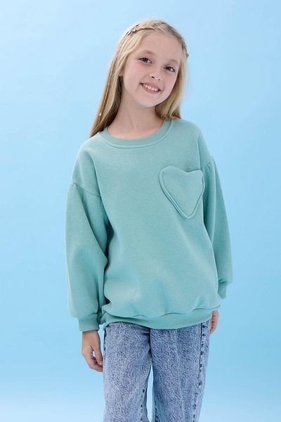 Perendi Girl's Heart Pocket Detailed Balloon Sleeve Hooded Sweatshirt - Çağla