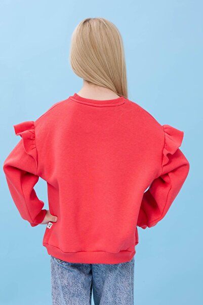 Perendi Girl's Ruffle Detailed Floral Embroidered Hooded Oversize Sweatshirt - Pomegranate Flower