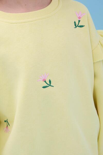 Perendi Girl's Ruffle Detailed Floral Embroidered Hooded Oversize Sweatshirt - Yellow